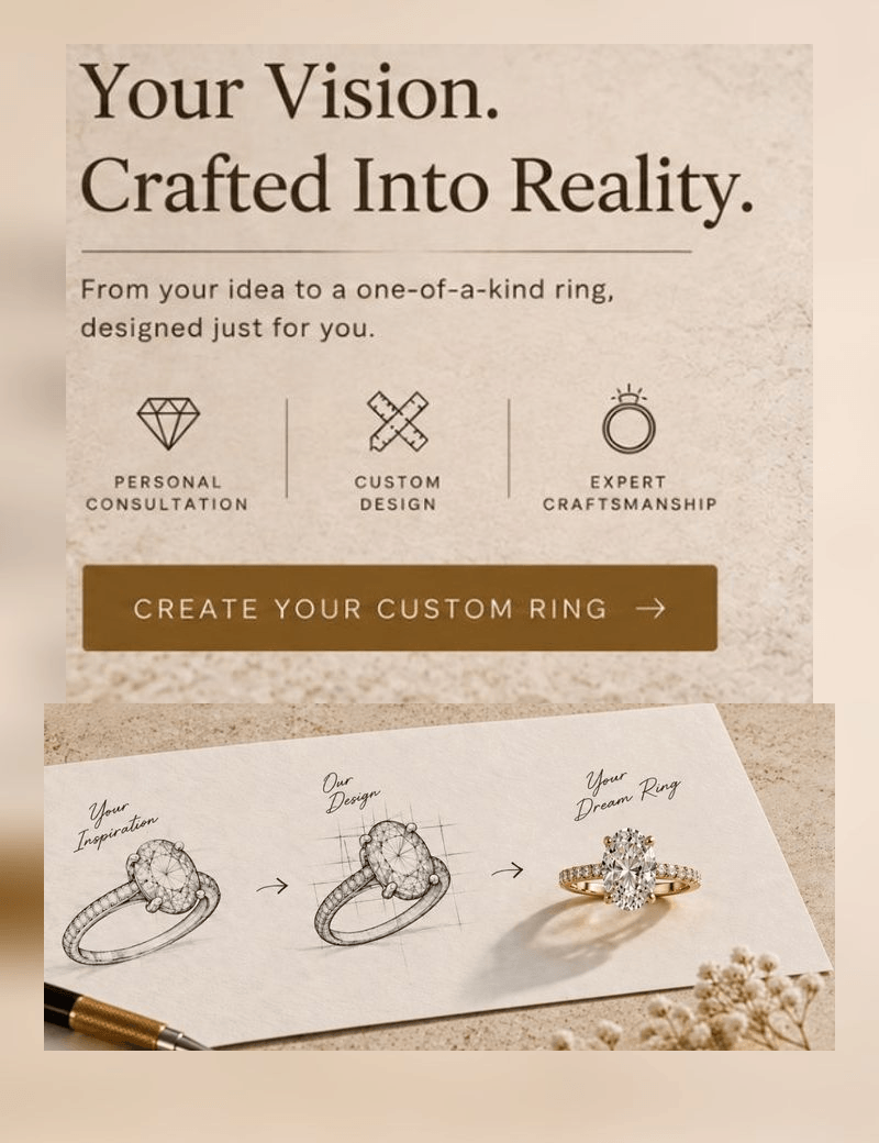 Your vision, crafted into reality - from your idea to a one-of-a-kind ring, create your custom ring