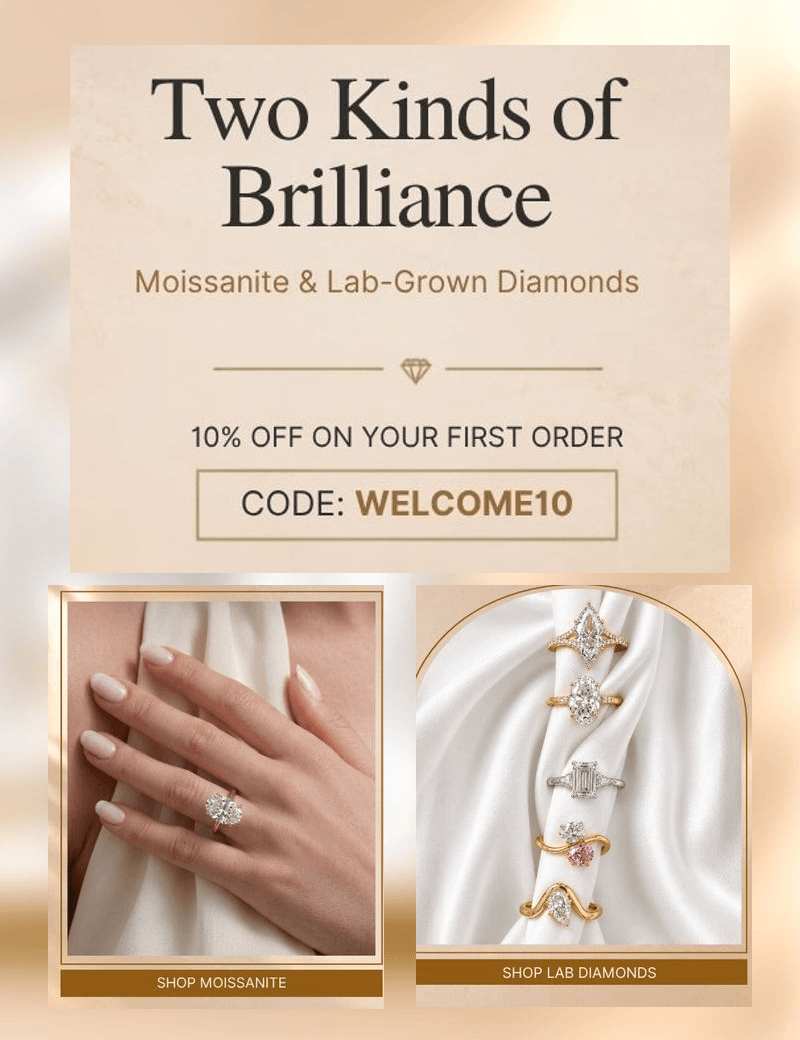 Two Kinds of Brilliance - moissanite and lab-grown diamonds, 10% off your first order with code WELCOME10
