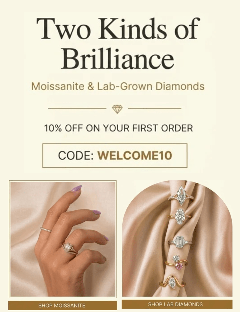 Two Kinds of Brilliance - moissanite and lab-grown diamonds, 10% off your first order with code WELCOME10