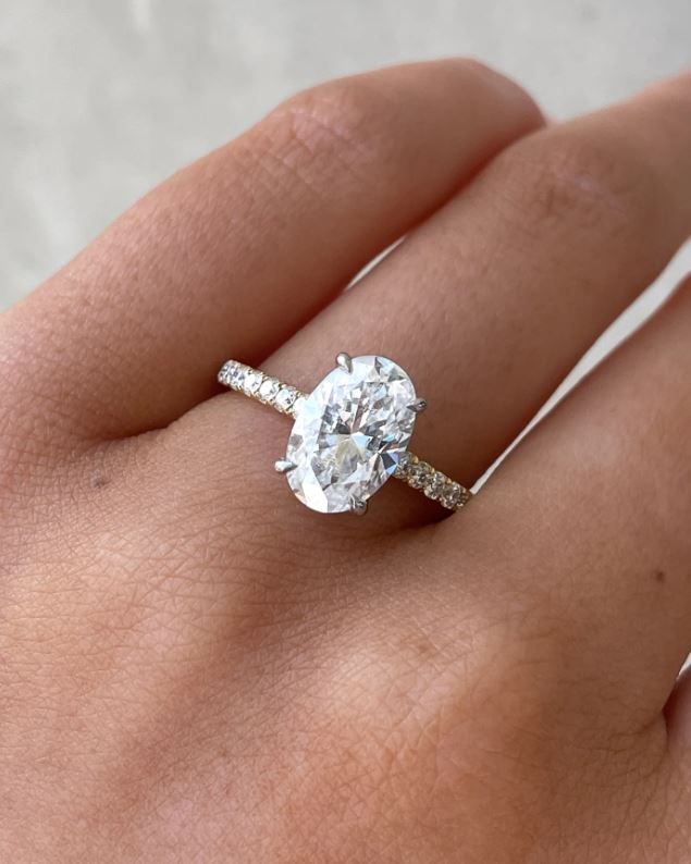 Oval Solitaire Ring With Hidden Halo and Pavé