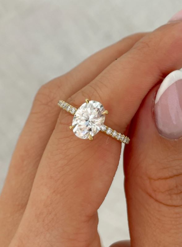 Oval Solitaire Ring With Hidden Halo and Pavé